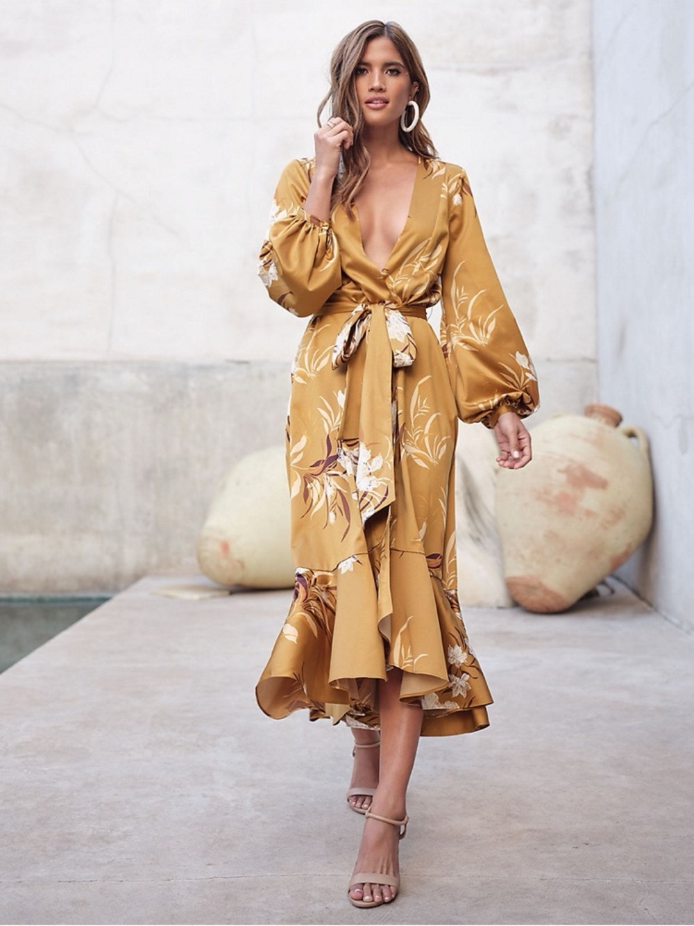 Express x Rocky Barnes Mustard Floral Wrap Midi Dress / Kimono with Tie Belt